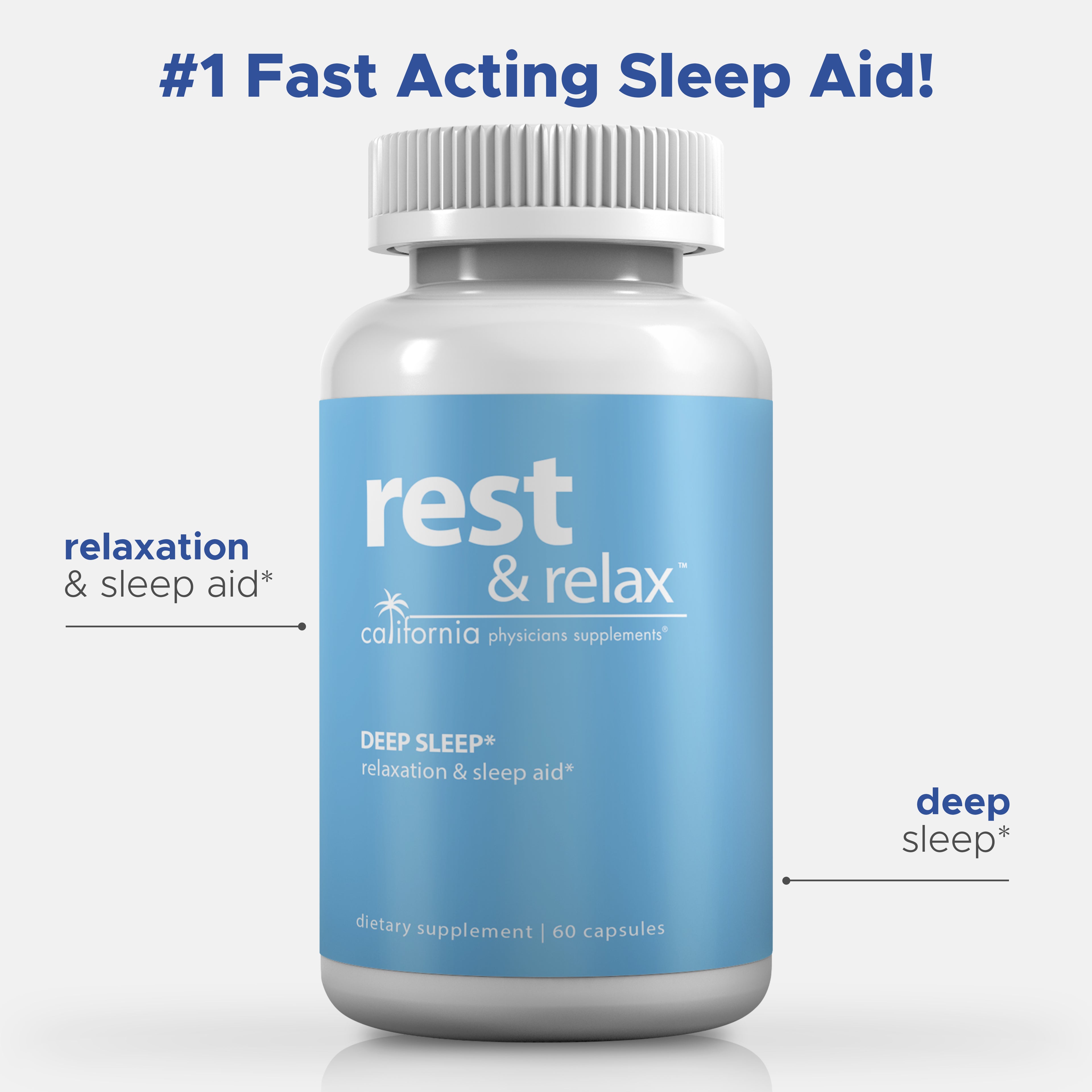 A bottle of Rest & Relax sleep aid supplement with the label indicating it is a relaxation and sleep aid, number 1 fast acting sleep aid, and contains 60 capsules.